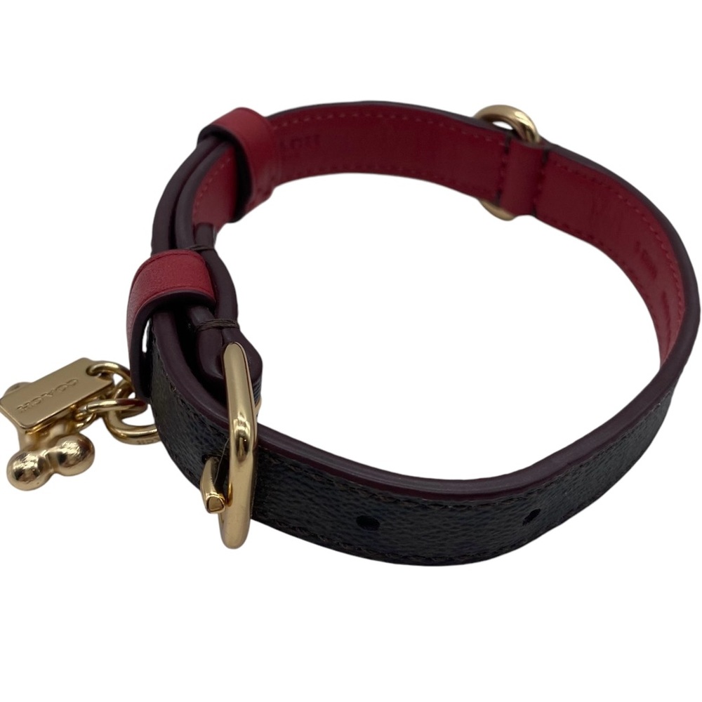 Coach Small Pet Collar Signature Canvas Brown Bold Red Leather Choker Designer - Picture 4 of 8